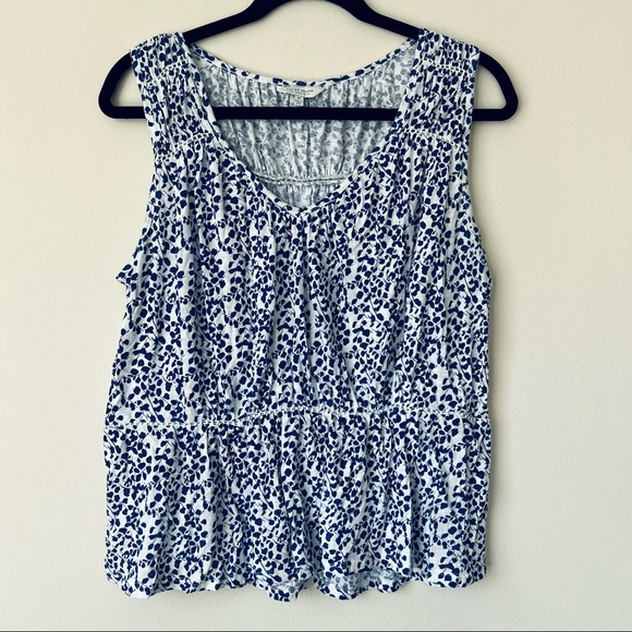 Lucky Brand Blue & White Floral Tank Top Blouse Cinched Waist Size Medium - Picture 1 of 8